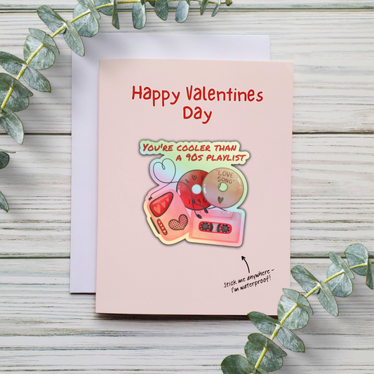 90s Playlist Nostalgia Valentines Day Card with Holographic Sticker